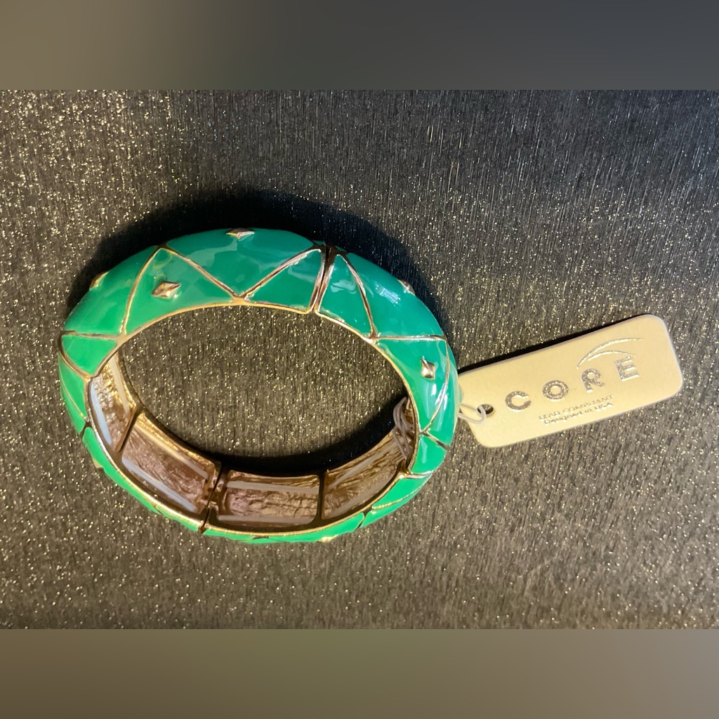 Nwt Core Green And Gold Tone Stretchy Bangle Bracelet # 210